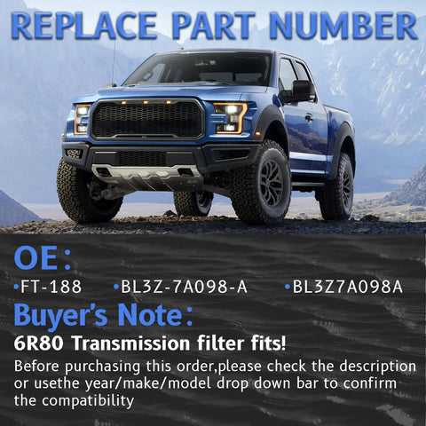 Blue Ford truck with text overlay about 6R80 Transmission Filter And Gasket Kit For Ford Expedition 2009 Through 2017