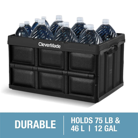 Collapsible Storage Bins 3 Pack 46L In Royal Blue, holding water bottles, demonstrating stackable heavy-duty use for home or office.