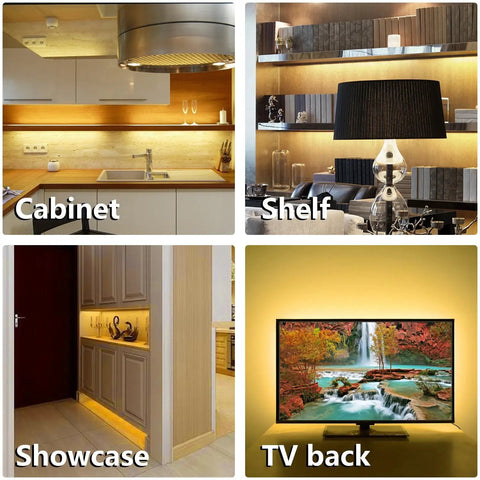 Under Cabinet LED Light Kit With 6 Dimmable Strips Remote Dimmer 1500 Lumen 2700K installed in various settings