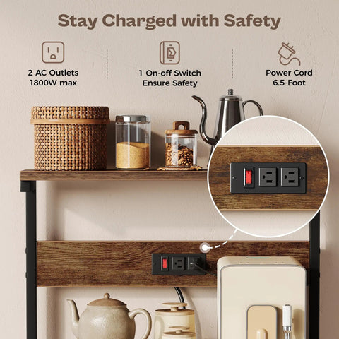 Kitchen Bakers Rack With Power Outlet And Coffee Bar Table Four Tier Space Saving Microwave Stand With Six S Shaped Hooks