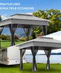 11 By 11 Pop Up Canopy With Screen Walls For Outdoor Use, positioned in garden and near camper, light gray color