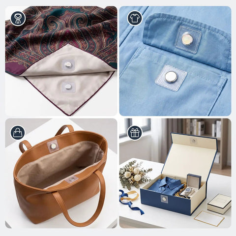 Invisible Sew On Magnetic Snap Fasteners With Hidden Pvc Coated Design in various applications on bags and garments.