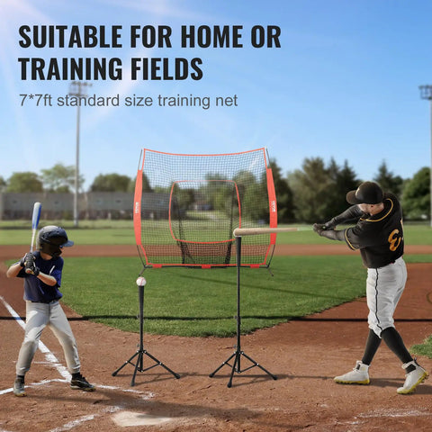Two players using 7x7 Ft Baseball And Softball Practice Net Portable Training Net For Hitting Batting Catching And Pitching Backstop