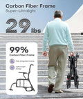 Ultralight Carbon Fiber Electric Wheelchair For Adults And Seniors Foldable Travel Mobility Aid Airline Approved All Terrain Motorized Chair With Twelve Point Four Mile Range shown folded beside person walking up steps, showcasing lightweight design.