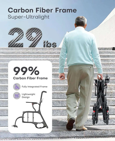 Ultralight Carbon Fiber Electric Wheelchair For Adults And Seniors Foldable Travel Mobility Aid Airline Approved All Terrain Motorized Chair With Twelve Point Four Mile Range shown folded beside person walking up steps, showcasing lightweight design.