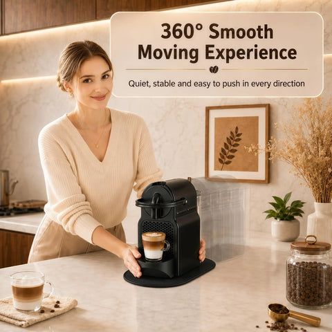 Woman using espresso machine on Sleek Sliding Mat For Inissia Espresso Machine With Anti Slip Base And Hanging Strap
