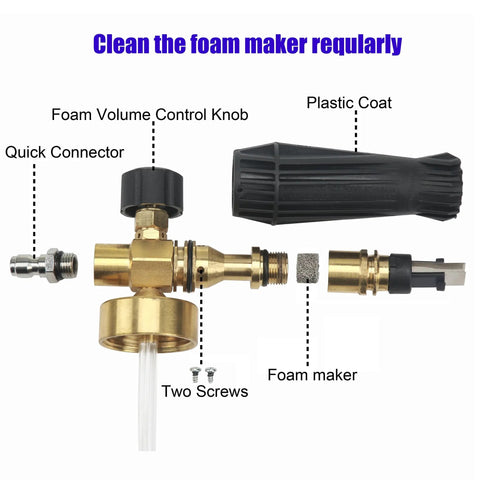 Disassembled parts of Beast Foam Cannon For Car Wash With Easy Fill Bottle And Snow Foam Lance One Quarter Inch Quick Connect