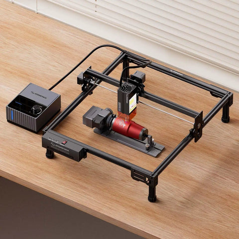 20W Laser Engraver A20 Pro V2 With Auto Air Assist And R8 Rotary Chuck on wood table, engraving cylinder object