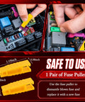 Solid 306 Piece Car Fuse Assortment Kit With Tester And Pullers Loaded With Mini Standard And Low Profile Blades 2A To 35A, yellow fuse pullers in use.
