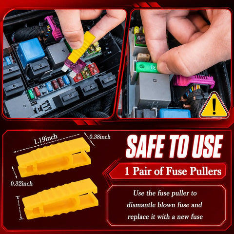 Solid 306 Piece Car Fuse Assortment Kit With Tester And Pullers Loaded With Mini Standard And Low Profile Blades 2A To 35A, yellow fuse pullers in use.