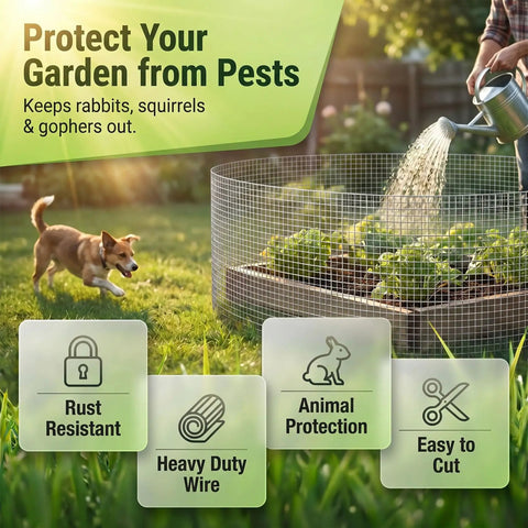 Garden with 16 Inches Wide By 20 Feet Long Hardware Cloth Heavy Duty One Quarter Inch Mesh protecting plants from pests.