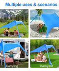 Sun Shield Beach Canopy Tent With UPF 50 Plus Protection in various settings—picnic, beach, camping, and backyard.
