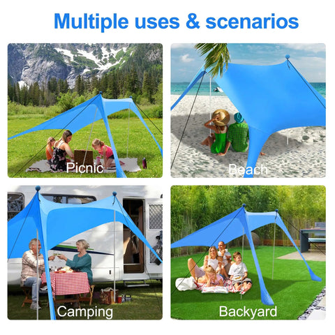 Sun Shield Beach Canopy Tent With UPF 50 Plus Protection in various settings—picnic, beach, camping, and backyard.