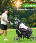 Golfer using All Terrain 3 Wheel Golf Push Cart With Foldable Design, Phone Cup Umbrella Holder, Quick Fold Caddy, large wheelbase
