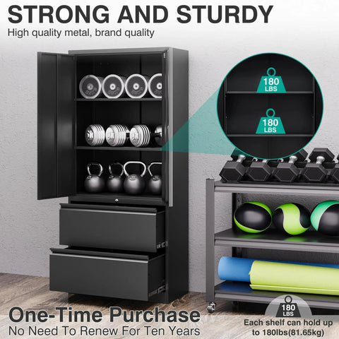Lockable Black Metal Storage Cabinet With 2 Drawers And Doors Built Tough Steel File Cabinet With Adjustable Shelves For Home Office Garage Warehouse Or School 71 Inch Tall in garage gym