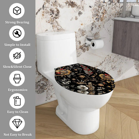 Elongated Toilet Seat Resin for Bathroom with floral pattern, fits most toilets, easy to clean, stylish design.