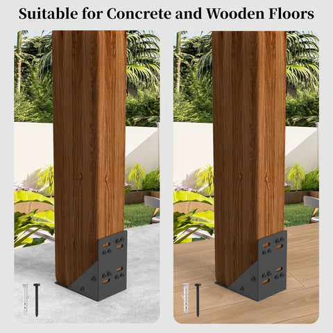 Eight Piece Post Base Pergola Bracket Kit Inner Size 3.5 Inch By 3.5 Inch Heavy Duty Black Powder Coated Steel 2.0 Mm Thick installation on various surfaces