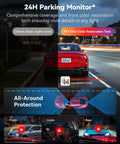 Car with Elite 4K Dash Cam monitoring in 24H parking mode, highlighting front color restoration, all-around protection images.