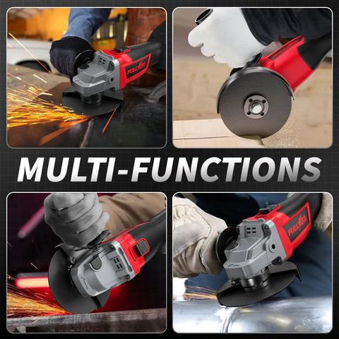 Cordless Angle Grinder Four And A Half Inch Beast Brushless Metal Grinder 12000 RPM with Dual 4Ah Batteries in use on metal