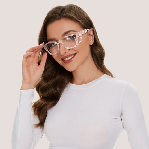 Woman wearing Anti Fog Safety Glasses With Side Shields And All Day Comfort For Work And Home ANSI Z87 1 Rated Eye Protection With UV Shield