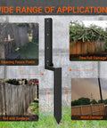 Heavy Duty Fence Post Repair Kit with Thickened Steel Post Anchor shown stabilizing leaning wooden fence with four damage types