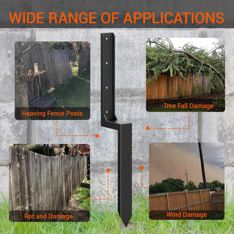 Heavy Duty Fence Post Repair Kit with Thickened Steel Post Anchor shown stabilizing leaning wooden fence with four damage types