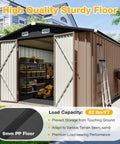 Beefy 10x12 Ft Outdoor Metal Shed With Floor and Lockable Double Doors in backyard showing open doors and stored equipment