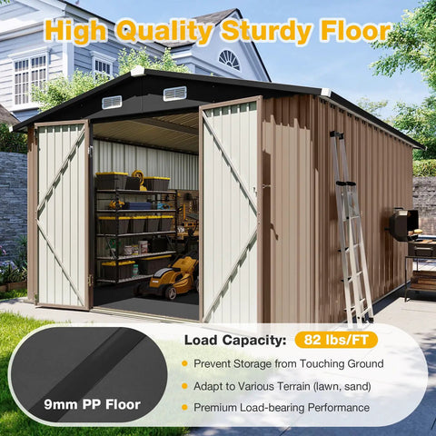 Beefy 10x12 Ft Outdoor Metal Shed With Floor and Lockable Double Doors in backyard showing open doors and stored equipment