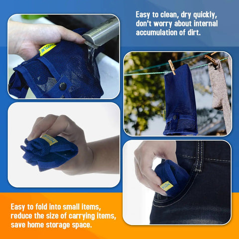 Collage showing Lightweight Water Bottle Holder With Adjustable Strap For Walking And Hiking Go To Quick Dry Mesh Pouch cleaning, drying, folding, and pocket storage.