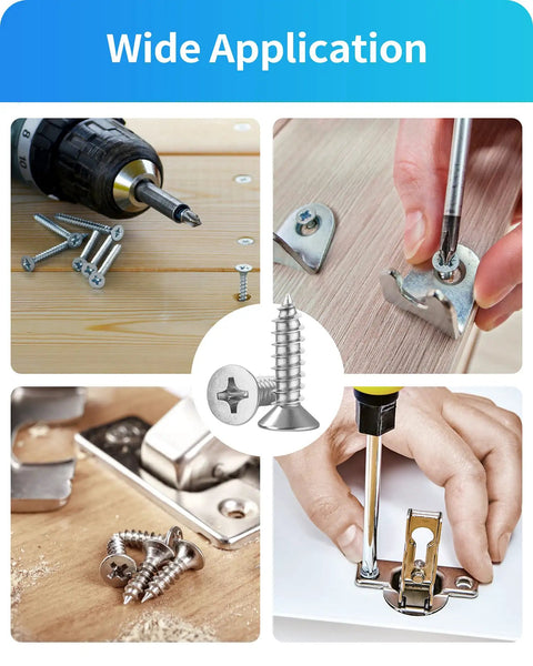 Top Shelf 304 Stainless Steel Wood Screws Assortment Kit With Phillips Flat Heads And Self Tapping Design Made For Fixin Up Patios Or Garages Comes Rigged With 550 Pieces Sizes 4 Through 12, showing application in various projects.
