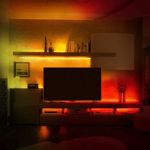 Smart Multicolor LED Light Strip 6.5 Feet With App Control And Dimmable Color Changing Lighting For Home Ambience on TV stand