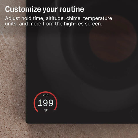 High-res screen of gooseneck pour over coffee kettle with precise temperature control at 199°F