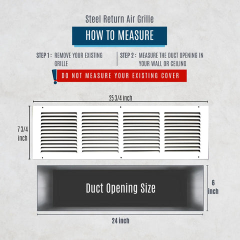 Measurement guide for Sturdy Steel Return Air Grille For 24x6 Duct Opening White Vent Cover For Sidewall And Ceiling HVAC