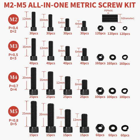 1760 Piece Metric Screw Set With M2 M3 M4 M5 Bolts And Nuts, Hex Socket Cap Head Screws For 3D Printers, black zinc plated