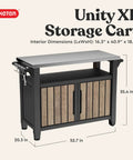 Wood Look Outdoor Entertainment Cart With 78 Gallon Storage, Stainless Steel Top For BBQ Prep, front view, closed doors