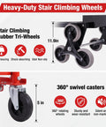 Rock Solid Heavy Duty Workhorse 1000 Pound Stair Climbing Dolly Four In One Convertible Hand Truck Foldable Moving Cart With Bulletproof Solid Wheels For Crushing Loads At Home Or Work Red showing stair climbing rubber tri-wheels and caster details.