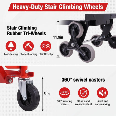 Rock Solid Heavy Duty Workhorse 1000 Pound Stair Climbing Dolly Four In One Convertible Hand Truck Foldable Moving Cart With Bulletproof Solid Wheels For Crushing Loads At Home Or Work Red showing stair climbing rubber tri-wheels and caster details.