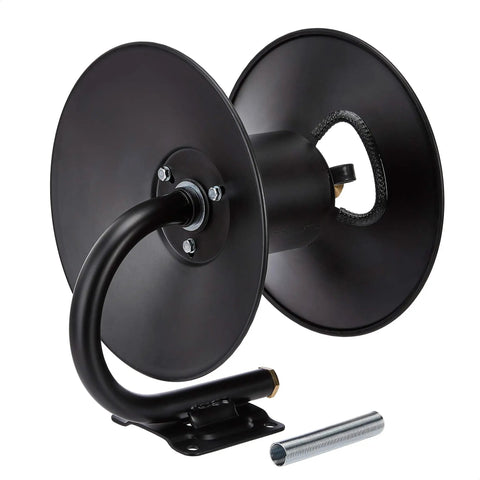 Air Hose Reel With Hybrid Hose, 50-Foot Reach, 3/8-Inch Line, 300 PSI Working Pressure, metal flat base, side view