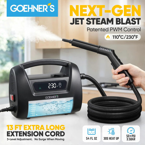 Upgraded Handheld Steam Cleaner For Home And Car Detailing At 230 Degrees F With 3.5 Bar High Pressure And 13 Foot Cord For Cleaning Grout And Hard To Reach Spots In Your Vehicle Or House Quick Heat Portable Steamer, with steam output and control panel.
