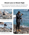 60 Inch Carbon Fiber Tripod For Cameras Ultralight Travel Buddy With 360 Degree Ball Head used in various positions near ocean