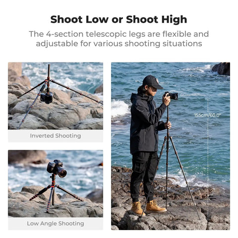 60 Inch Carbon Fiber Tripod For Cameras Ultralight Travel Buddy With 360 Degree Ball Head used in various positions near ocean