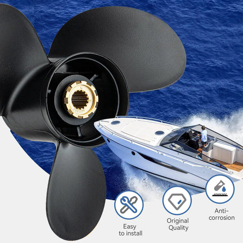 Beefed Up 15 1 Quarter X 15 Boat Propeller 3 Blade RH Spline 15 For Mercruiser Alpha One Mercury Outboard 135 To 300 HP OEM 48-78116A45 Hub Kit Included Aluminum Vacuum Cast beside boat on water