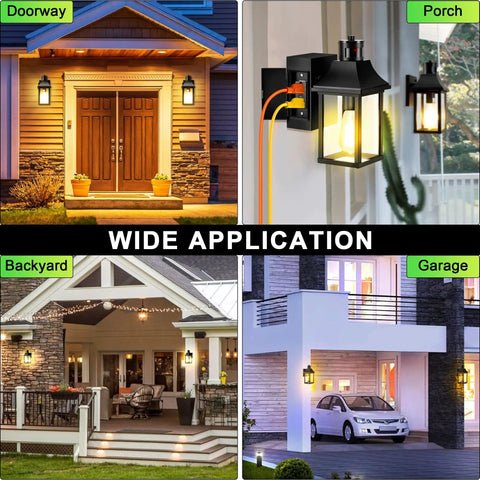 Porch Light With GFCI Outlet and Dusk to Dawn Motion Sensor, Weatherproof Exterior Fixtures set on house exteriors.