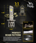 H1 Driving LED Fog Bulbs 6500K Crystal White 42000 Lumens Nasty Bright showing 1:1 proportional size and beam pattern detail in graphic.