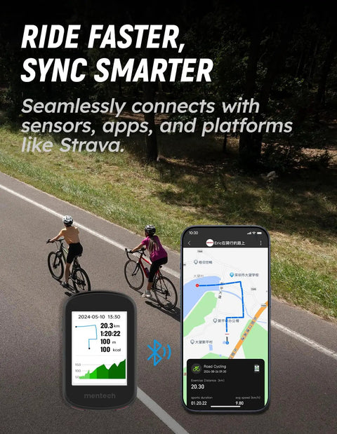 Cyclists using Avant 700 GPS Bike Computer with 2.8 Inch Touchscreen and smartphone app for real-time navigation on road