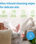 Aloe Infused Adult Incontinence Cleansing Wipes used on baby with features like ultra-soft, convenient, soothing aloe displayed.