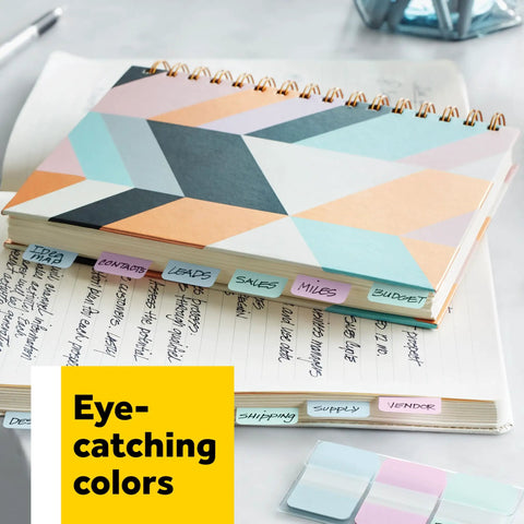 Sticky Tabs 2 In By 1.5 In Book Markers in Assorted Bright Colors for Reading, Annotation, Reminders, and Easy Organization on a notebook.