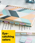 Sweet Repositionable Sticky Tabs For Books And Notes Durable Page Markers In Blue Green Yellow And Red on a notebook.
