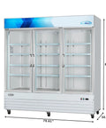 Heavy Duty Triple Glass Door Upright Freezer Merchandiser In Crisp White 52 Cubic Feet Commercial Display Cooler showing three glass doors.