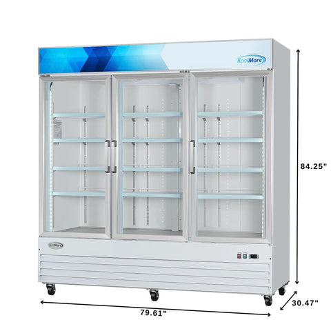 Heavy Duty Triple Glass Door Upright Freezer Merchandiser In Crisp White 52 Cubic Feet Commercial Display Cooler showing three glass doors.